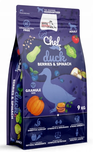 syta micha chef. sucha karma dla psa kaczka, jagody i szpinak 9kg syta micha chef. sucha karma dla psa kaczka, jagody i szpinak 9kg