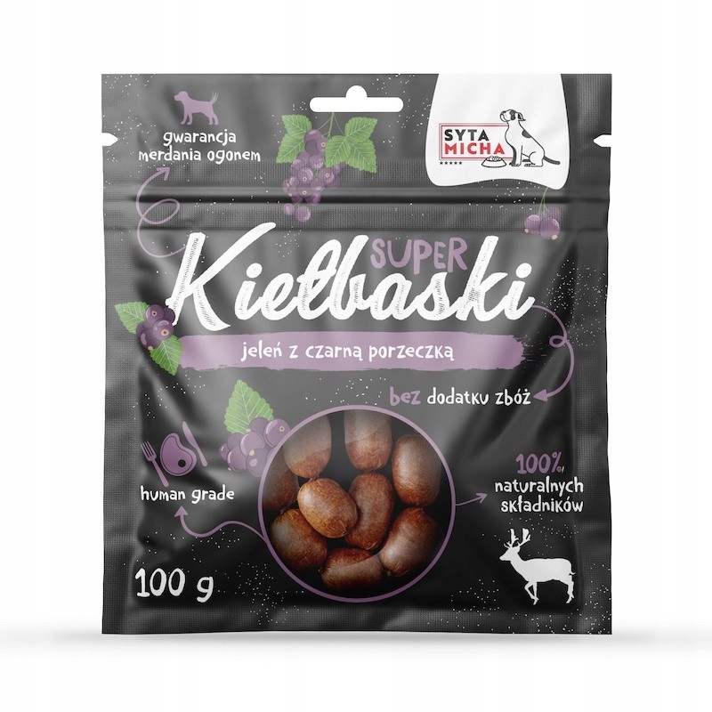 syta micha kiełbaski jeleń z czarną porzeczką 100g syta micha kiełbaski jeleń z czarną porzeczką 100g