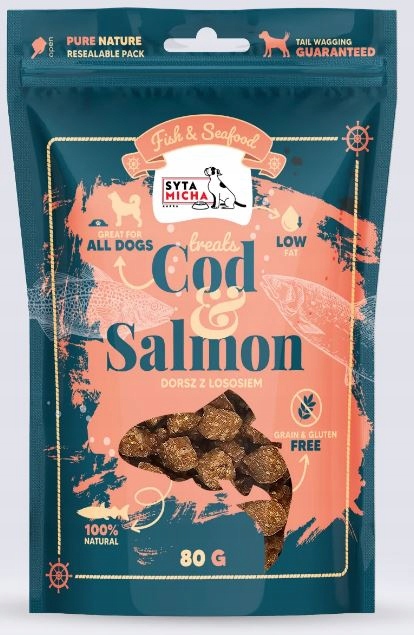 syta micha. fish & seafood przysmaki dorsz z łososiem dla psa 80g syta micha. fish & seafood przysmaki dorsz z łososiem dla psa 80g