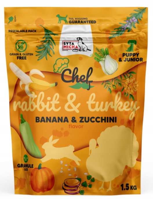syta micha chef. sucha karma dla szczeniąt królik i indyk, banan i cukinia 1.5kg syta micha chef. sucha karma dla szczeniąt królik i indyk, banan i cukinia 1.5kg