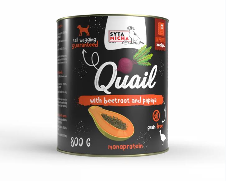 syta micha. karma mokra dla psa przepiórka z burakiem i papają 800g