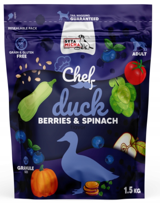 syta micha chef. sucha karma dla psa kaczka, jagody i szpinak 1.5kg syta micha chef. sucha karma dla psa kaczka, jagody i szpinak 1.5kg