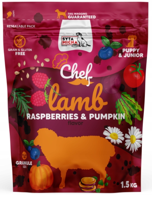 syta micha chef. sucha karma dla szczeniąt jagnięcina, malina i dynia 1.5kg syta micha chef. sucha karma dla szczeniąt jagnięcina, malina i dynia 1.5kg