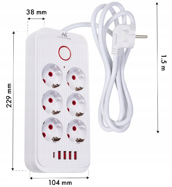 Listwa zasilająca MCE389 W. Przedłużacz 6 gniazd 4xUSB, 1xUSB-C 1,5m