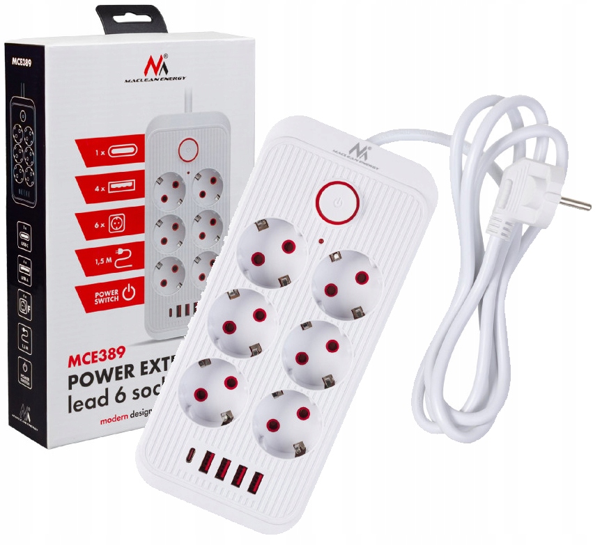 Listwa zasilająca MCE389 W. Przedłużacz 6 gniazd 4xUSB, 1xUSB-C 1,5m