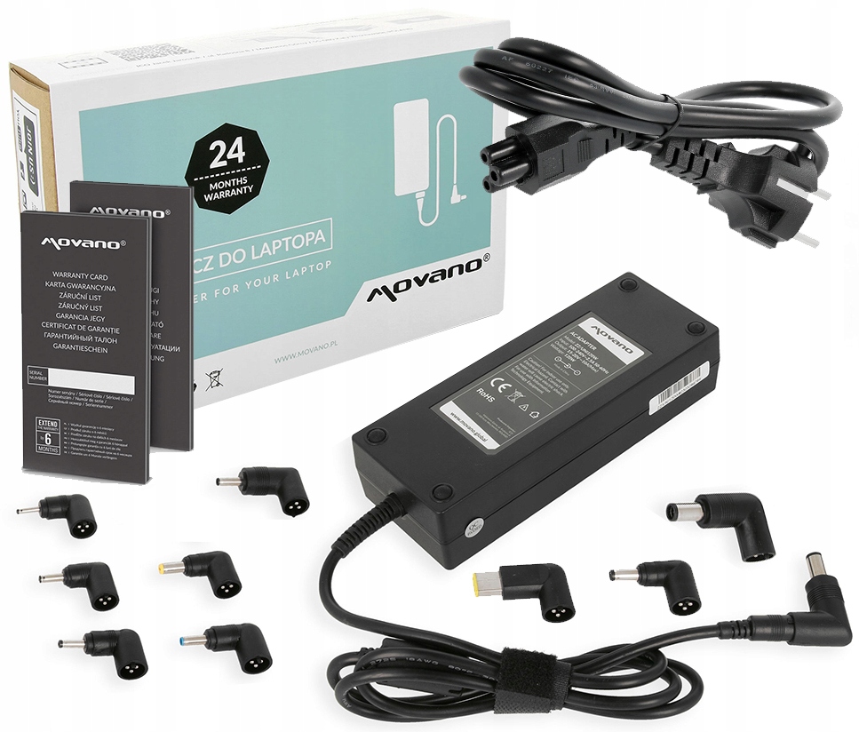 Zasilacz uniwersalny Movano 15-20V 10A 120W 10 wtyków, kabel zasilający