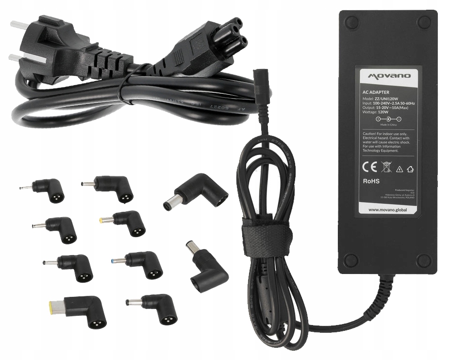 Zasilacz uniwersalny Movano 15-20V 10A 120W 10 wtyków, kabel zasilający