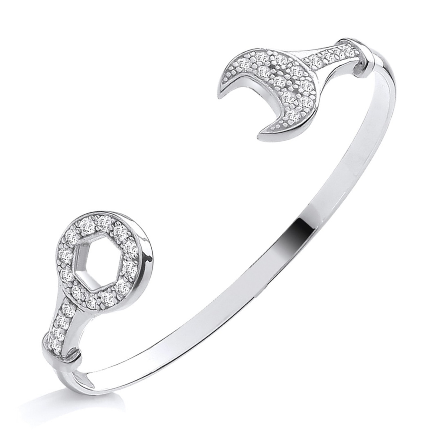 Sterling Silver Torque Bangle With Cubic Zirconia Spanner And Wrench Terminals