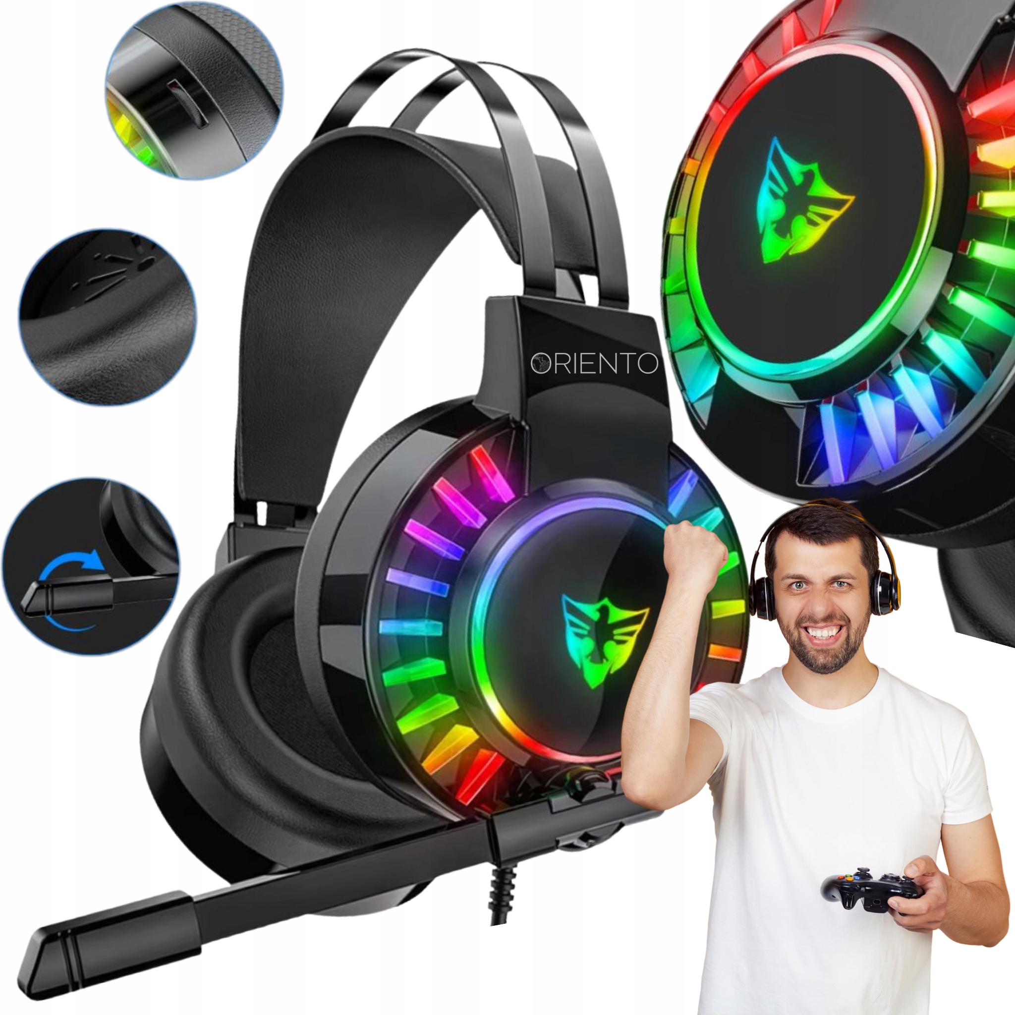 SŁUCHAWKI GAMINGOWE PRZEWODOWE NAUSZNE 7.1 LED RGB Z MIKROFONEM DLA GRACZY