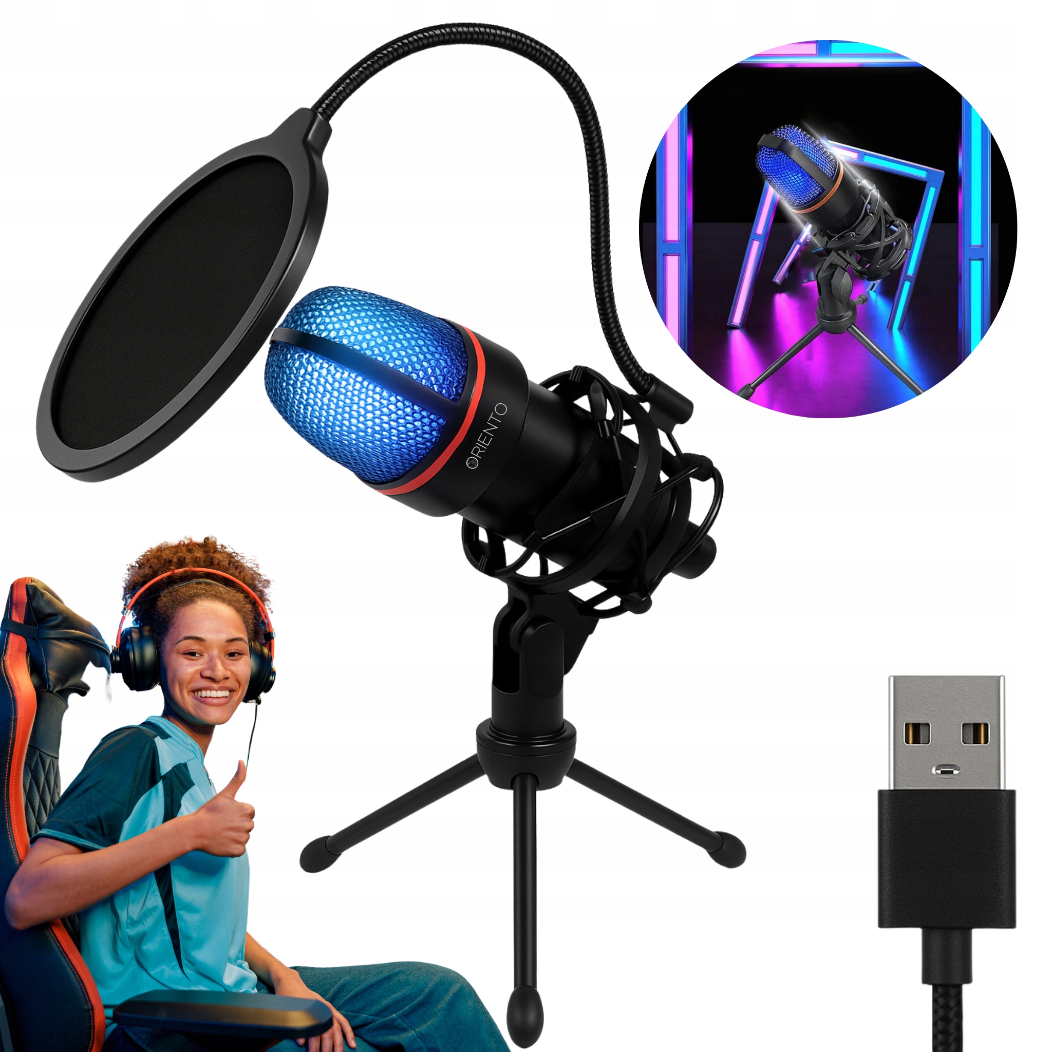 MIKROFON DO KOMPUTERA POJEMNOŚCIOWY STUDYJNY KARAOKE STREAM GAMING USB RGB