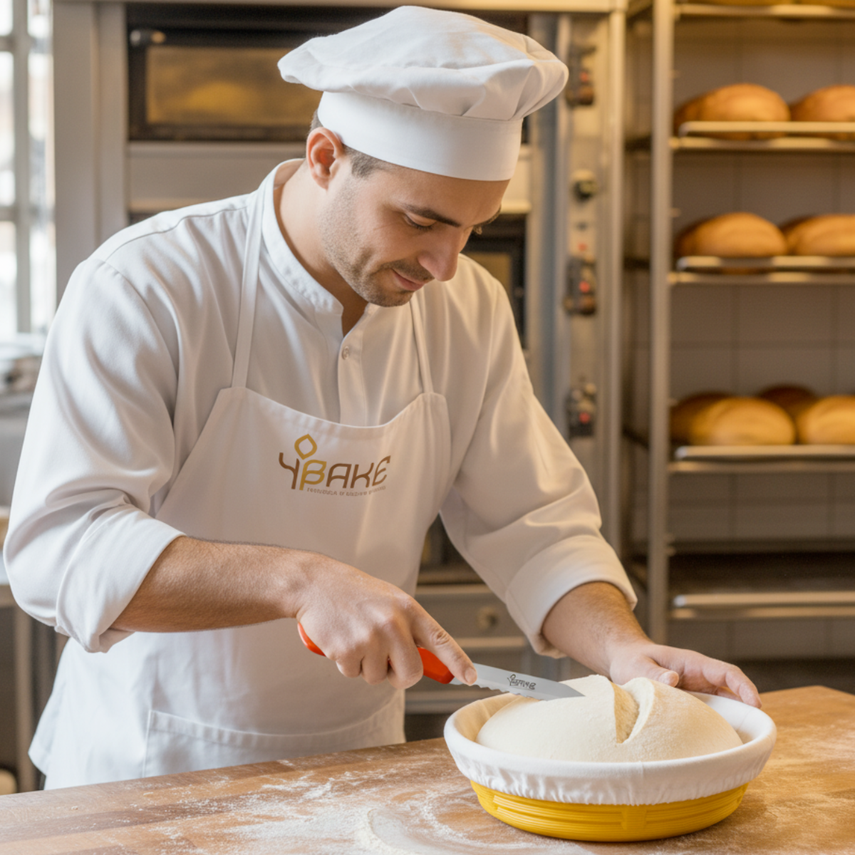 Piekarz nacina chleb nożem lame