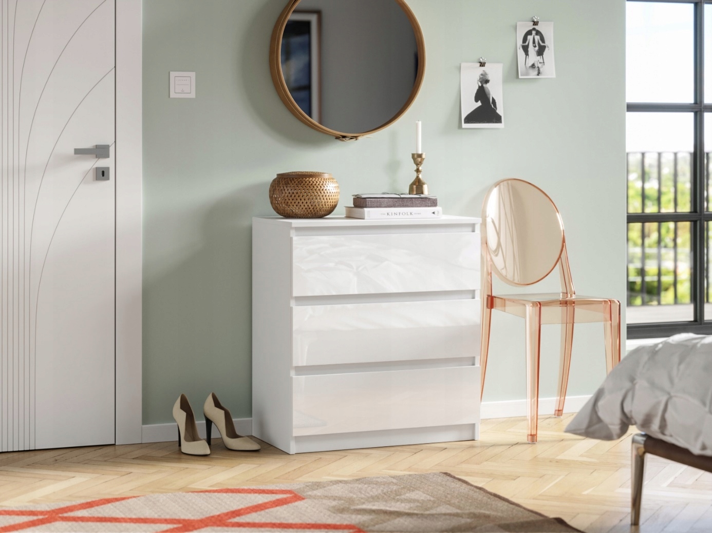 Komoda Do Sypialni Salonu Pari 3 Szuflady 70 x 40 x 77 CM Biały Połysk