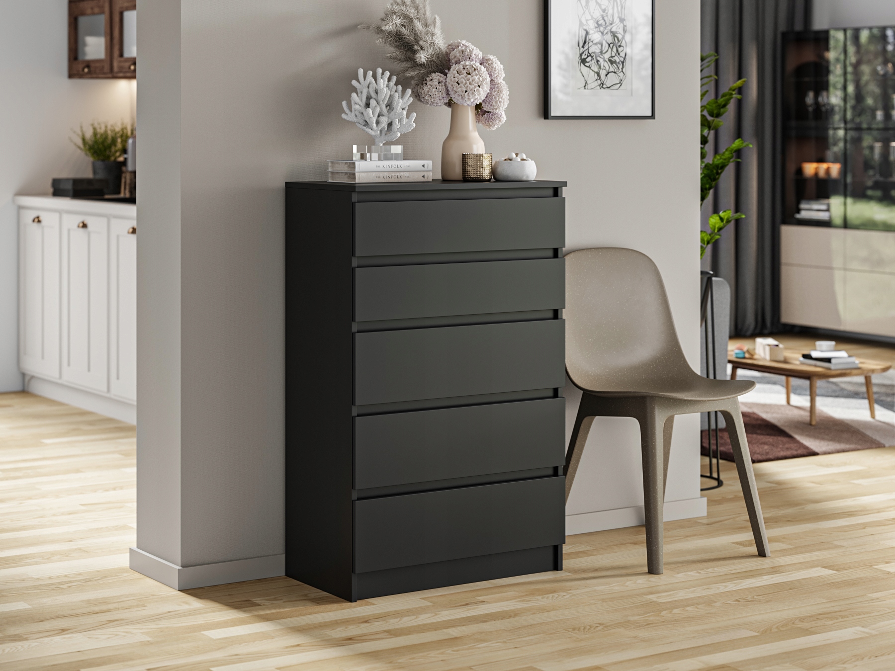 Komoda Szafka 5 Szuflad Do Sypialni Pari 70 x 40 x 112 CM Czarny Mat