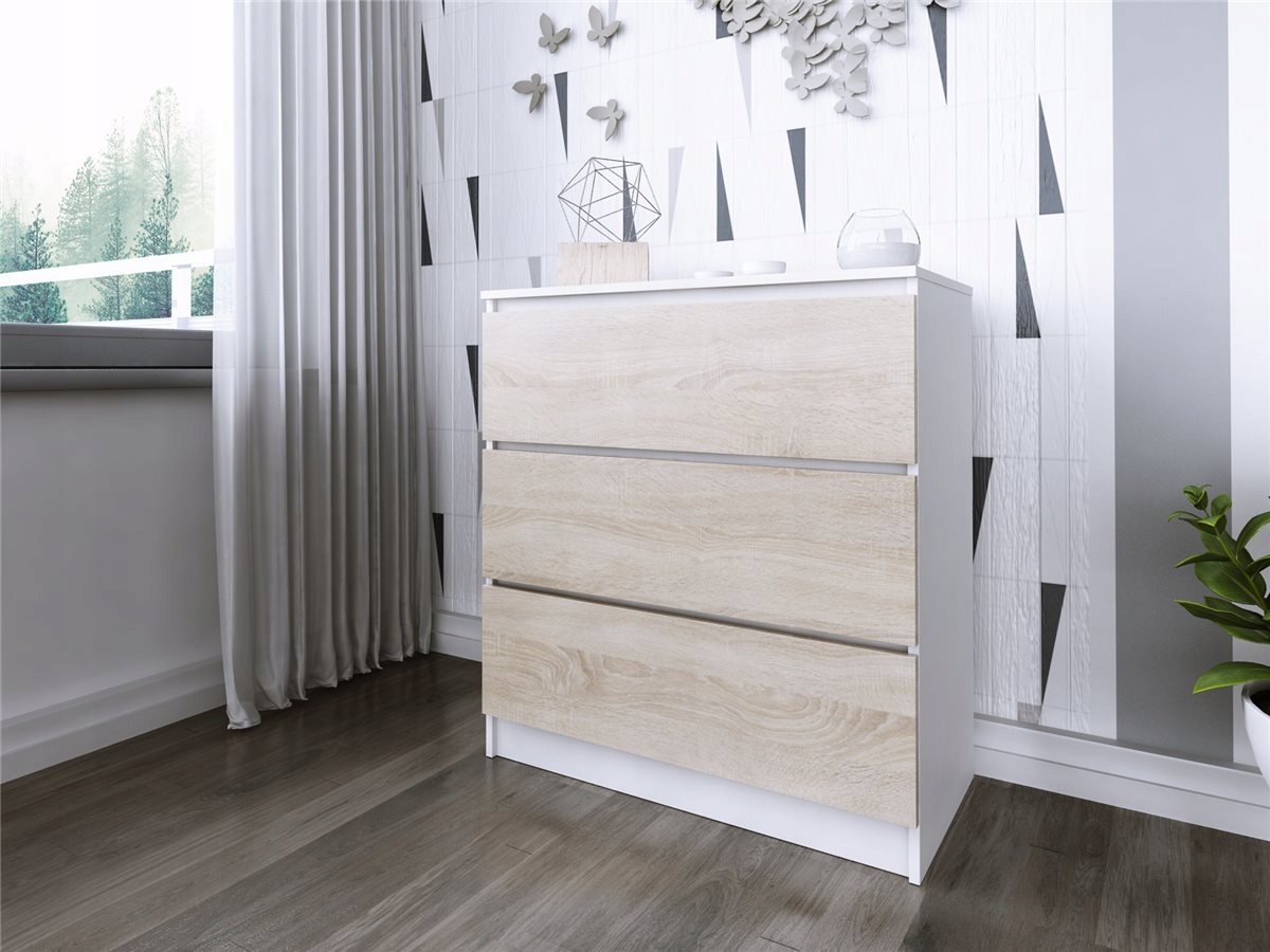 Komoda Do Salonu Sypialni 3 Szuflady 80 Zoe Biała Dąb Sonoma