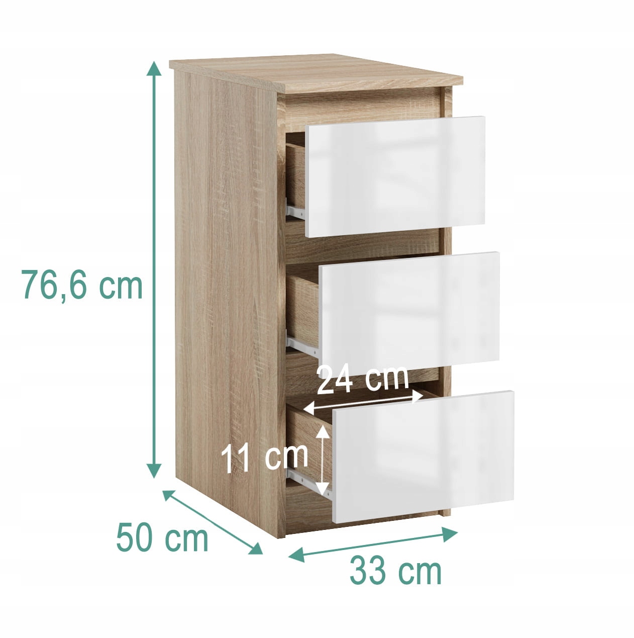 Wąska Szafka Do Biura Salonu 3 Szuflady Dostawka Jaris Sonoma Biały Połysk