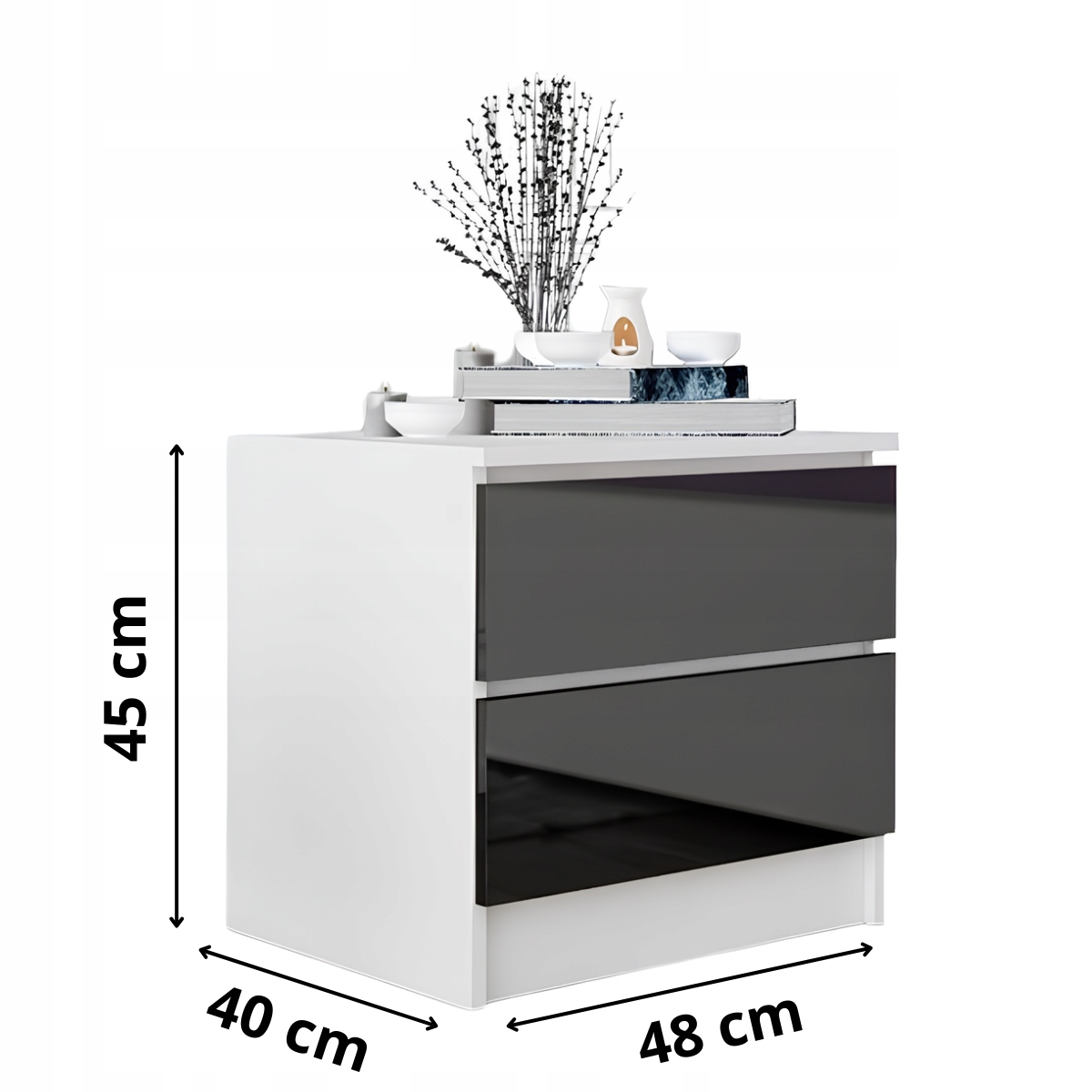 Stolik Nocny Szafka Nocna MDF 45 x 48x 40 CM Zoe Biała Czarny Połysk