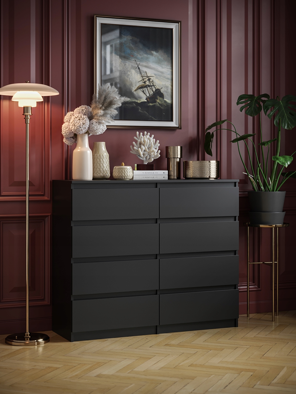 Komoda 8 Szuflad Do Salonu Sypialni Duża Pojemna Pari 8 Czarny Mat