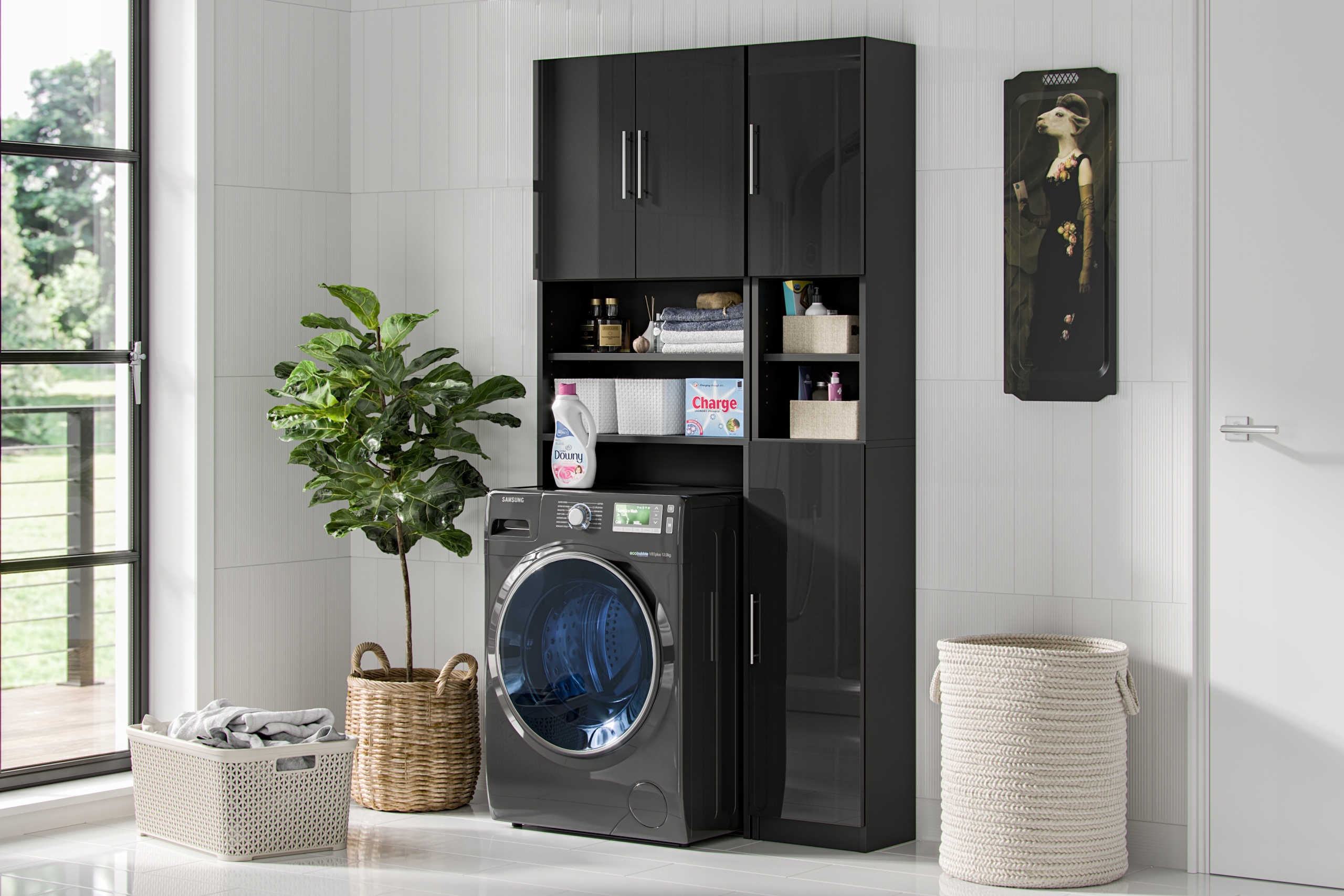 Słupek Regał Nad Pralkę Półka Szafka 190 x 64 x 25 CM Ariel Czarny Połysk