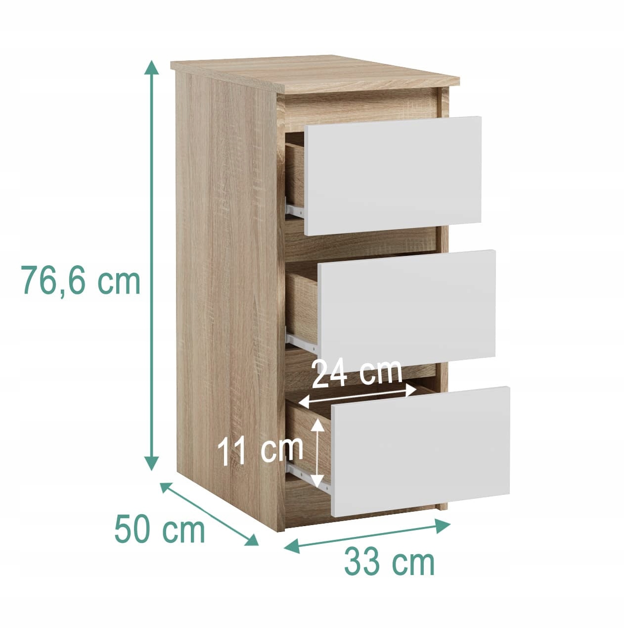 Wąska Szafka Do Biura Salonu 3 Szuflady Dostawka Jaris Sonoma Biały Mat