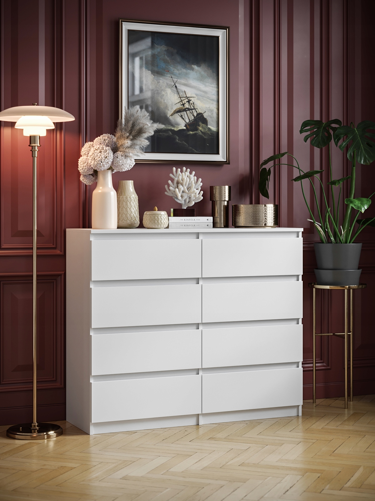 Komoda 8 Szuflad Do Salonu Sypialni Duża Pojemna Pari 8 Biały Mat