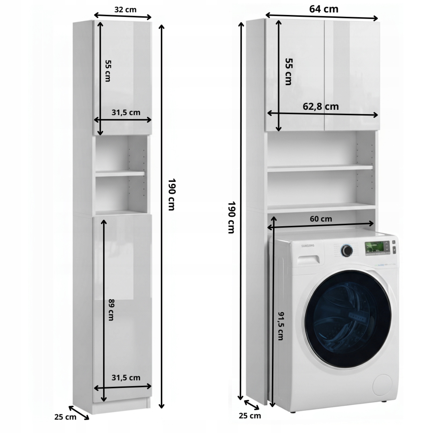 Wymiary zestawu mebli łazienkowych biały połysk