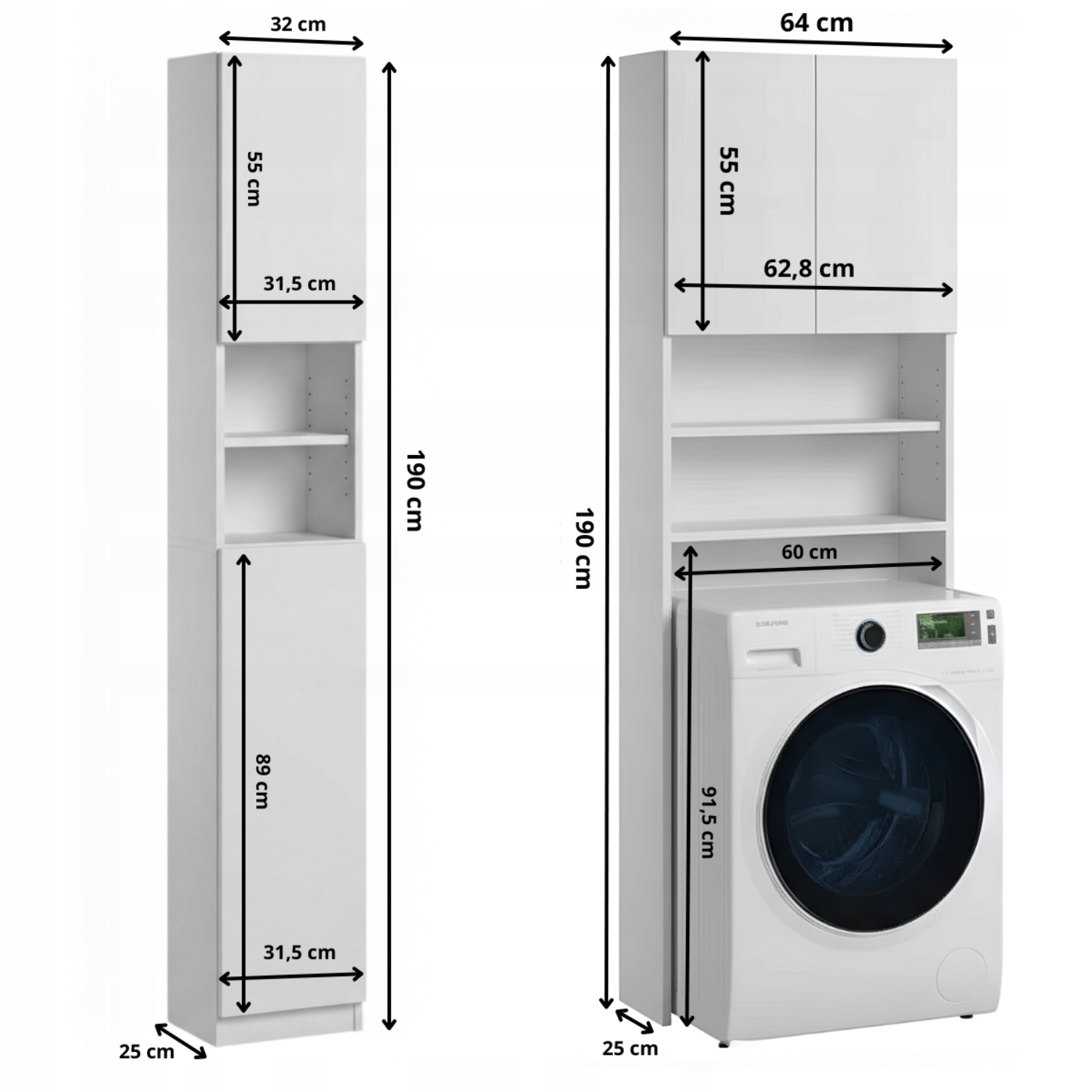 Wymiary zestawu mebli łazienkowych biały mat Ariel i Melody