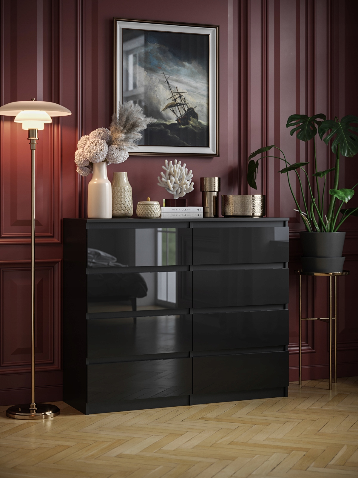 Komoda 8 Szuflad Do Salonu Sypialni Duża Pojemna Pari 8 Czarny Połysk