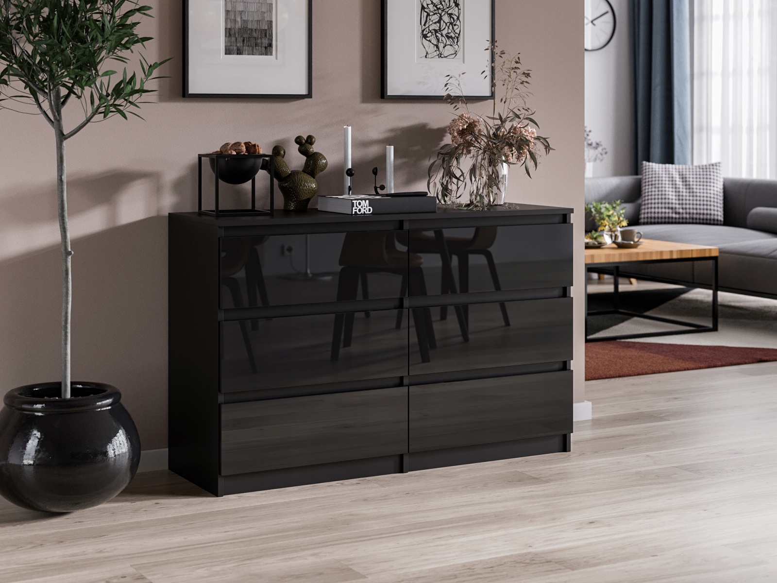 Komoda Do Salonu Sypialni Na Rzeczy 120 x 30 x 77 CM Pari 6 Czarny Połysk