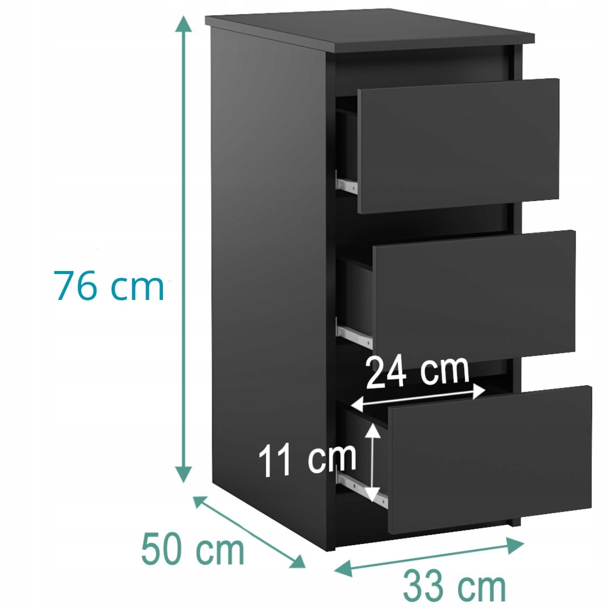 Wąska Szafka Do Biura Salonu 3 Szuflady Dostawka Jaris Czarny Mat
