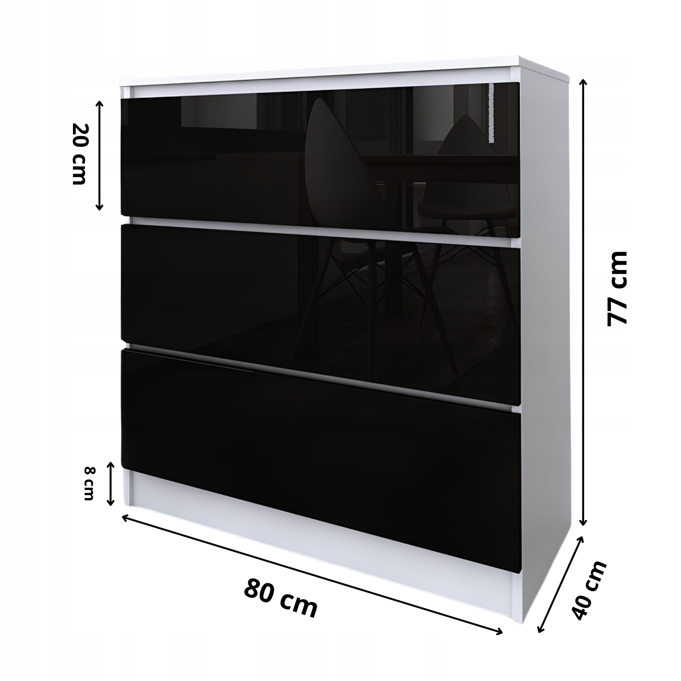 Komoda Do Salonu Sypialni 3 Szuflady 80 Zoe Biała Czarny Połysk