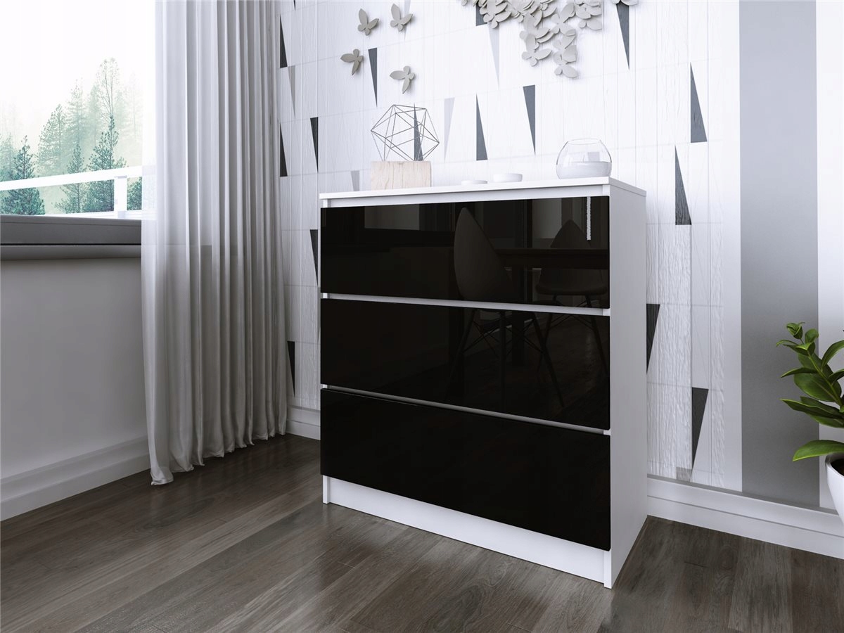 Komoda Do Salonu Sypialni 3 Szuflady 80 Zoe Biała Czarny Połysk