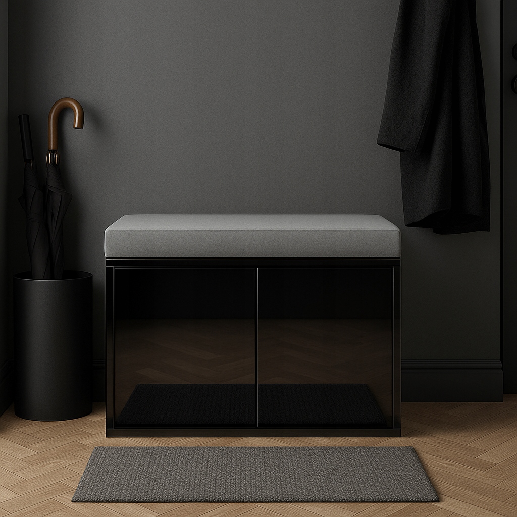 Czarna szafka na buty z siedziskiem w połysku