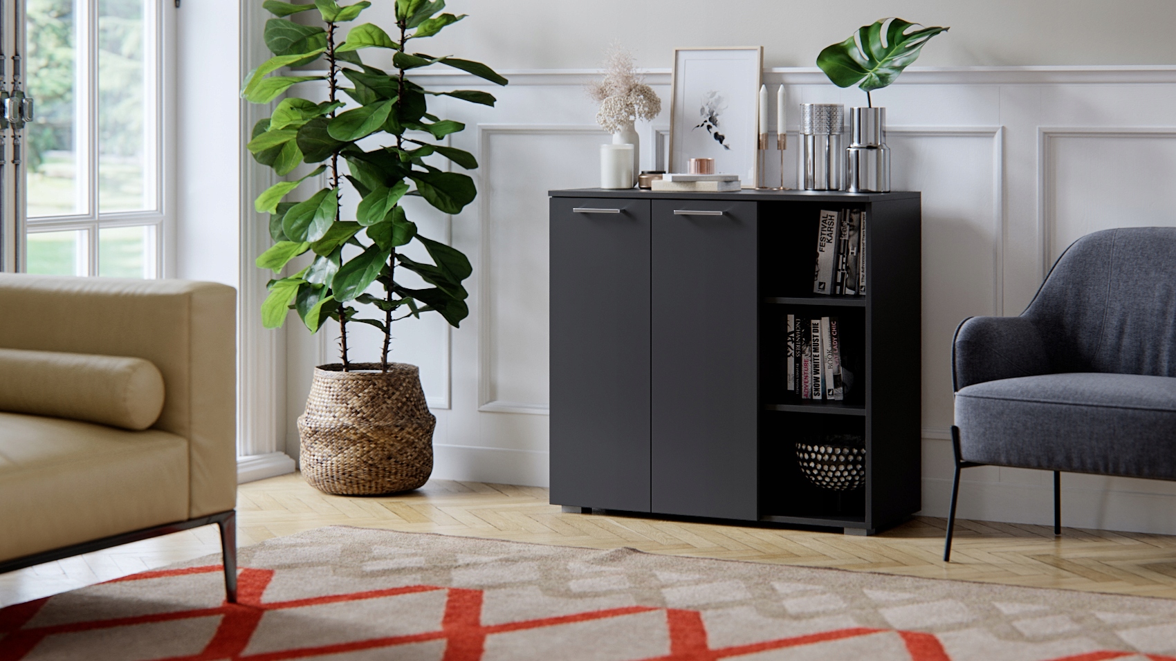 Szafka Szuflady Półki Pojemna Do Salonu Sypialni Sofi Czarny Mat