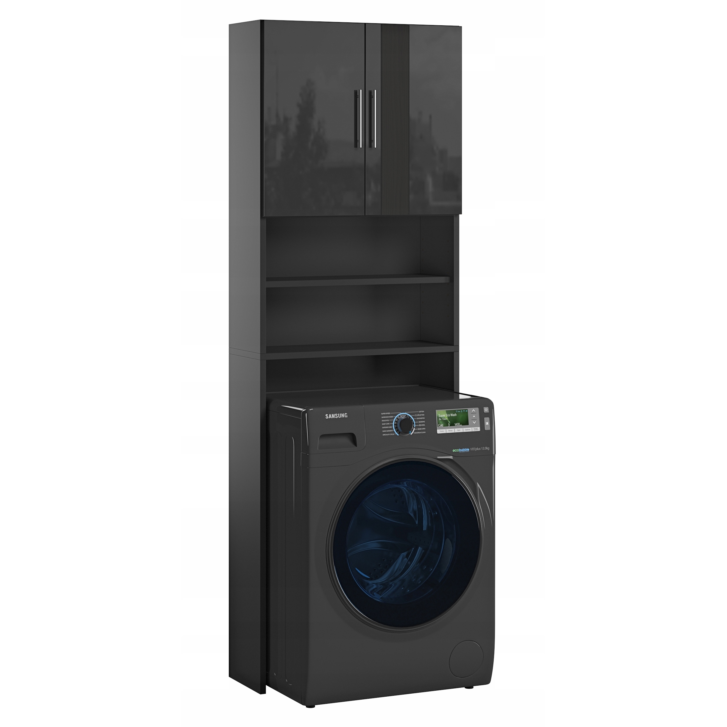 Słupek Regał Nad Pralkę Półka Szafka 190 x 64 x 25 CM Ariel Czarny Połysk