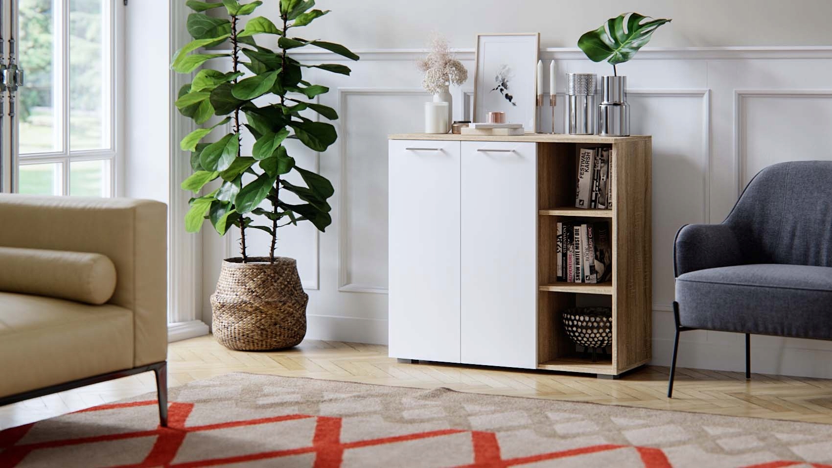 Szafka Szuflady Półki Pojemna Do Salonu Sypialni Sofi Sonoma Biały Mat