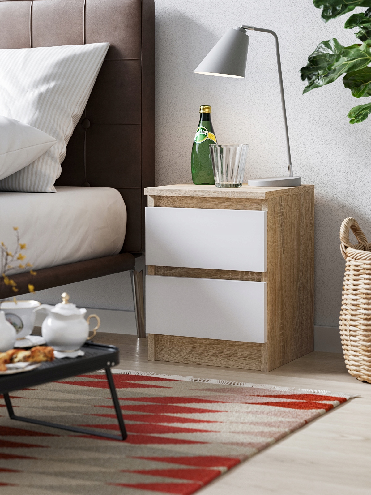 Szafka Nocna Do Sypialni 2 Szuflady Stolik Do Łóżka Pari 2 Sonoma Biały Mat