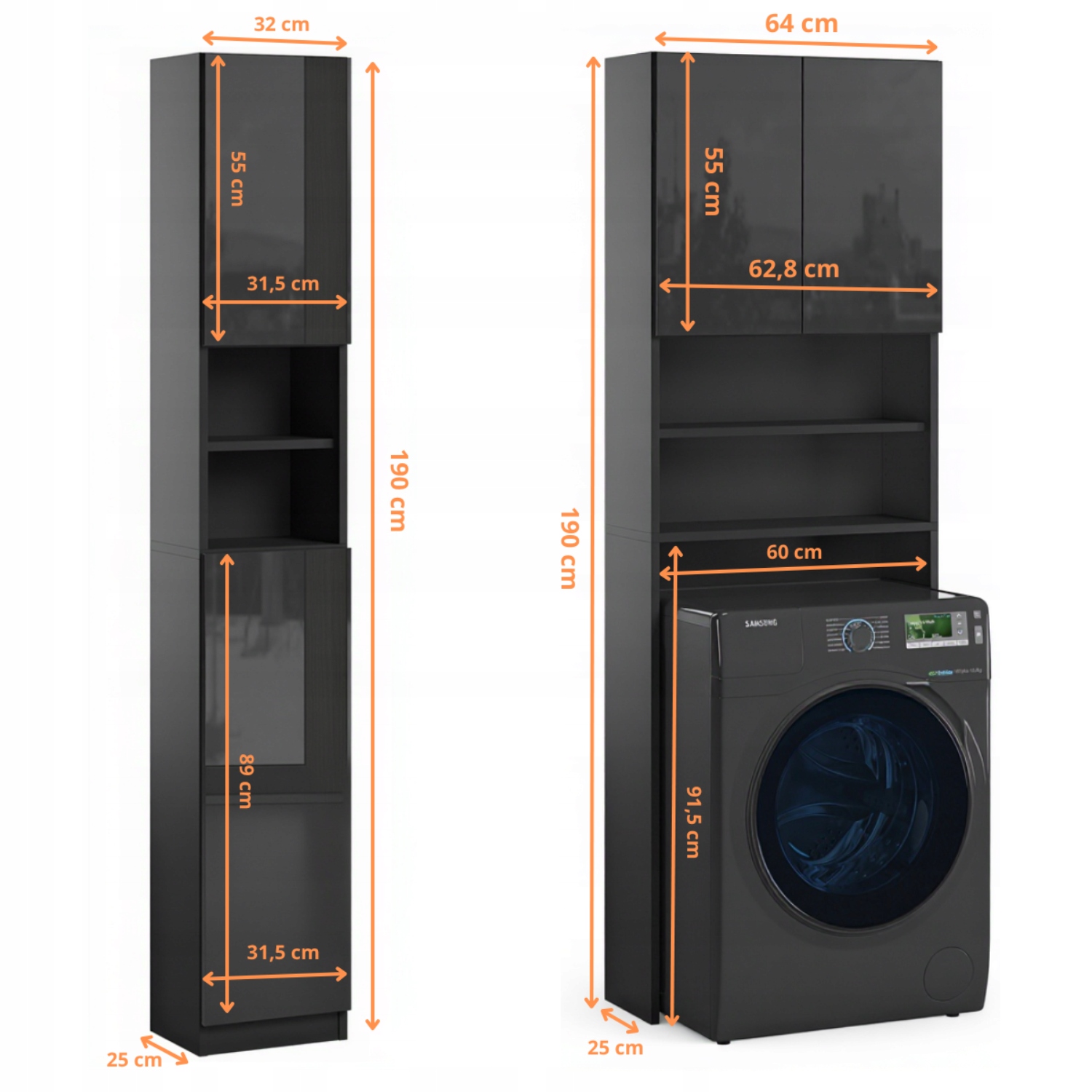 Wymiary regału i słupka w zestawie Ariel czarny połysk