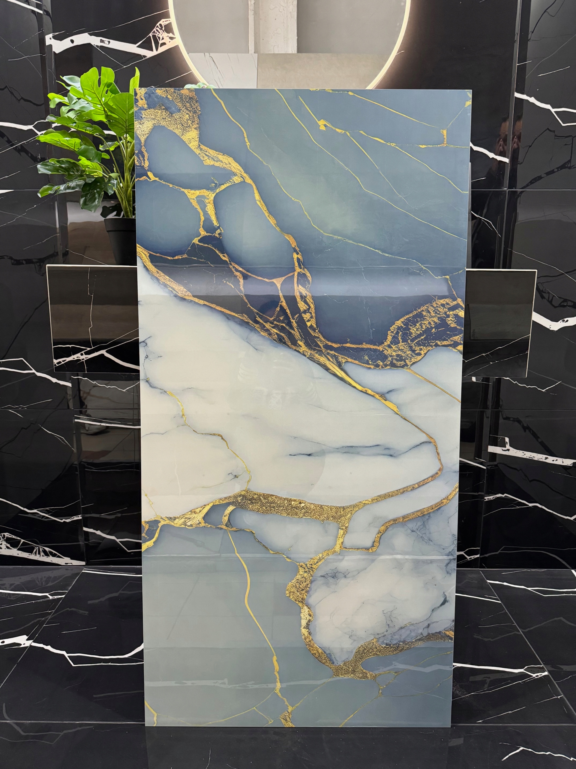Gres onyx 120x60 niebiesko-biały ze złotym użyleniem -połysk ZŁOTE REFLEKSY