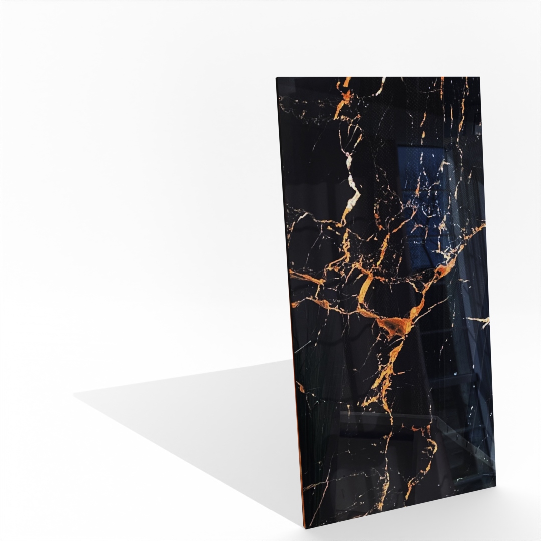 Czarny polerowany gres marmurowy 120x60, złoto-miedziane żyły WYSOKI POŁYSK