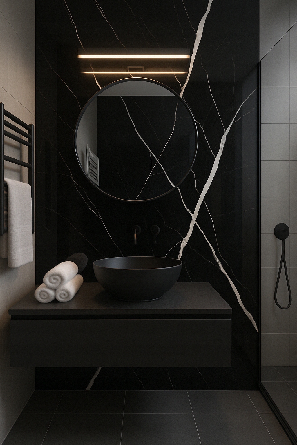 Czarna płytka gresowa polerowana z jasnymi żyłami marmuru, POŁYSK -gat. I