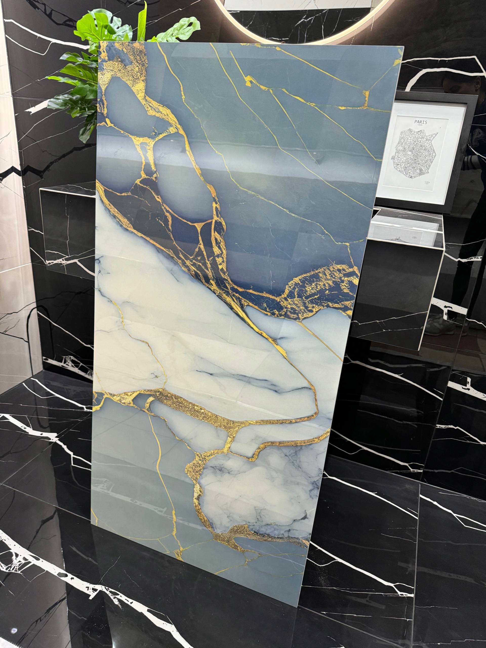 Gres onyx 120x60 niebiesko-biały ze złotym użyleniem -połysk ZŁOTE REFLEKSY