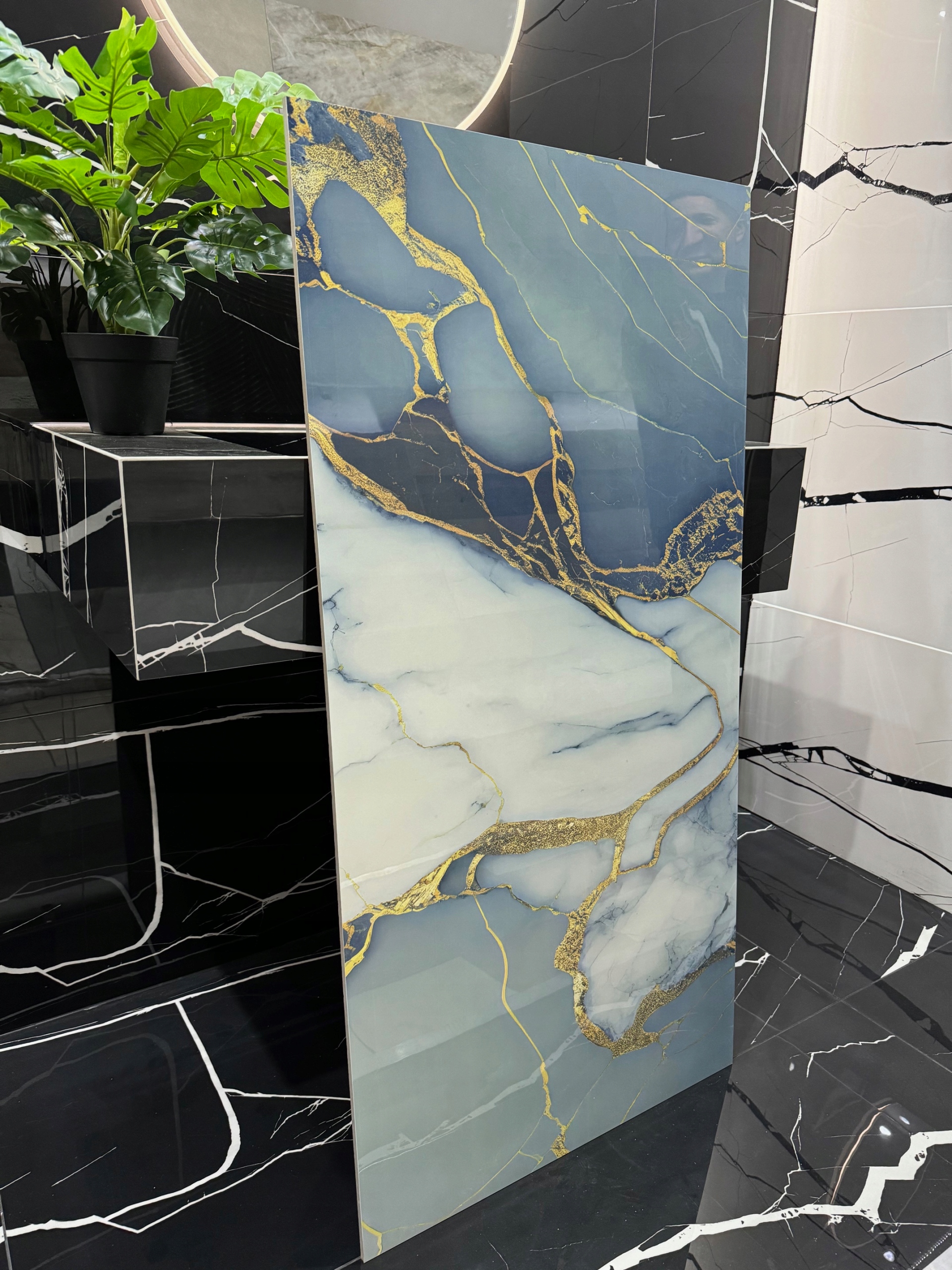 Gres onyx 120x60 niebiesko-biały ze złotym użyleniem -połysk ZŁOTE REFLEKSY