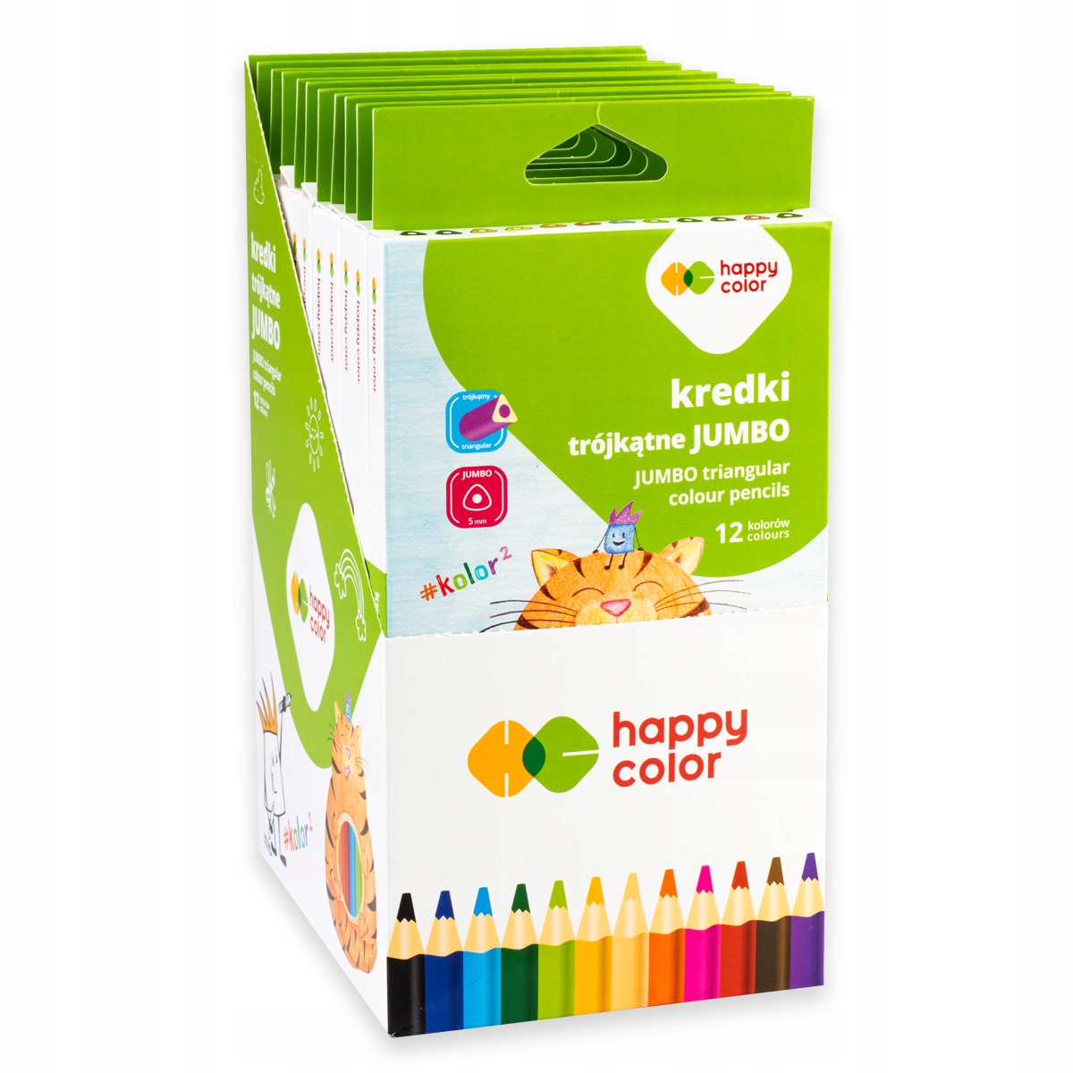 Kredki drewniane, szkolne Jumbo, trójkątne, 12 kol. + temperówka, Happy Color (2323 15KK K12)