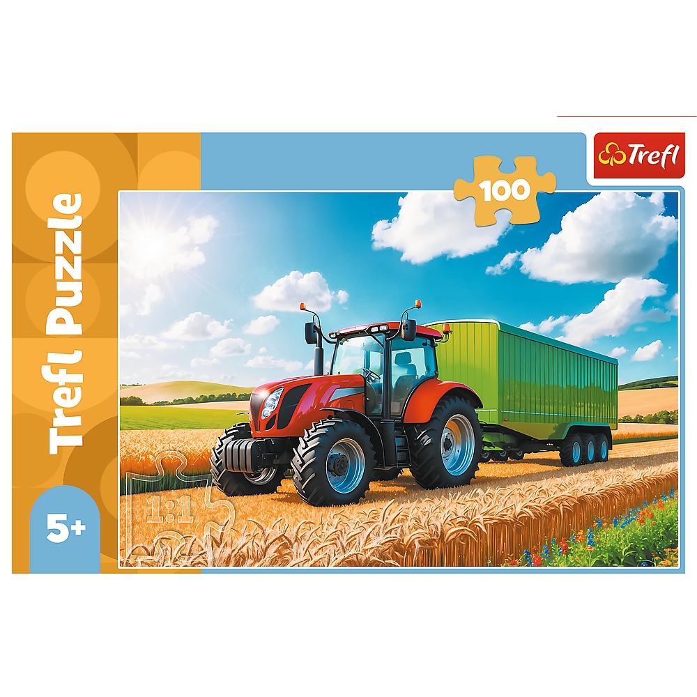 Puzzle 100: Maszyny rolnicze - traktor z przyczepą (16494)