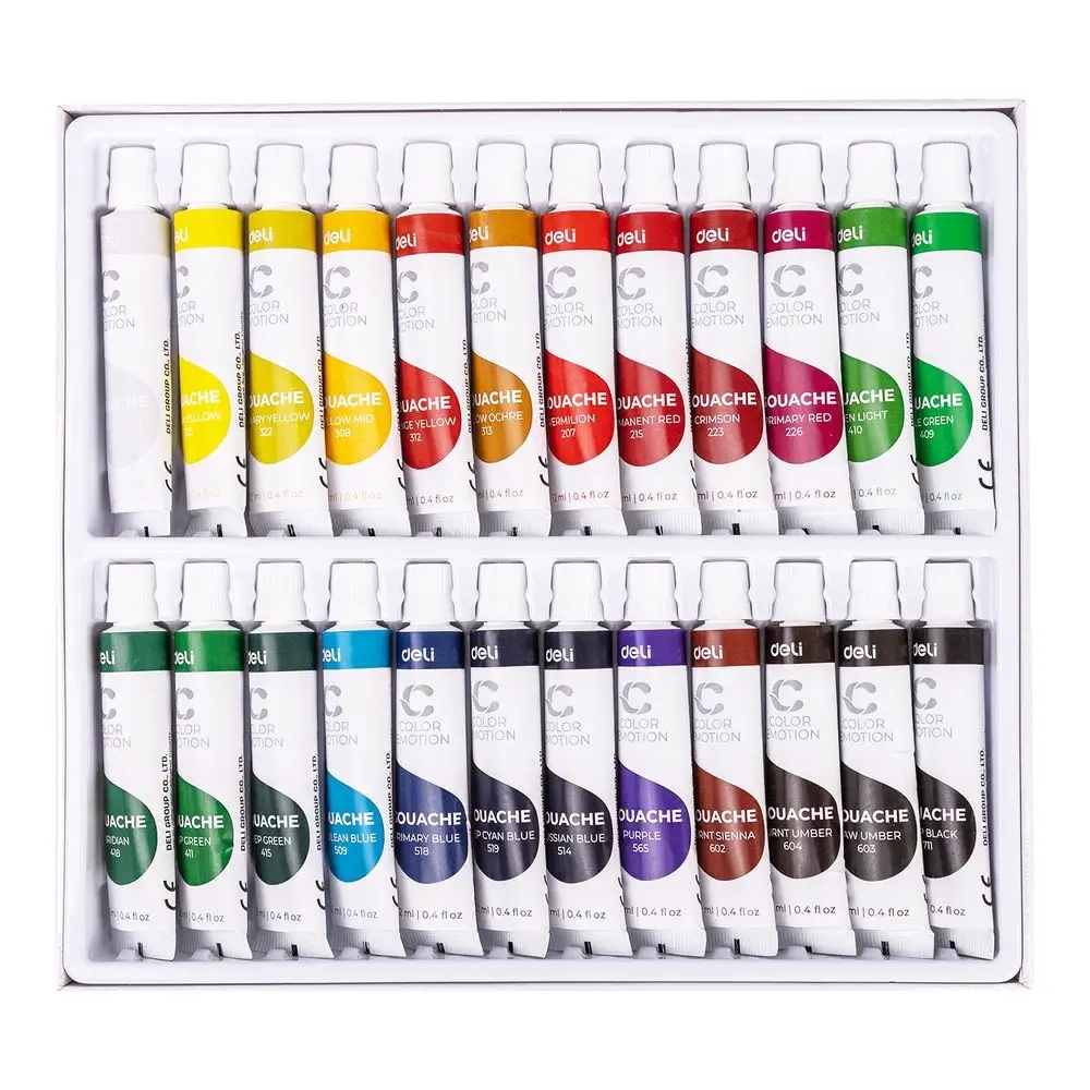 Farby gwasze gouache 24 kolory x 12 ml tuba, Deli (6110)