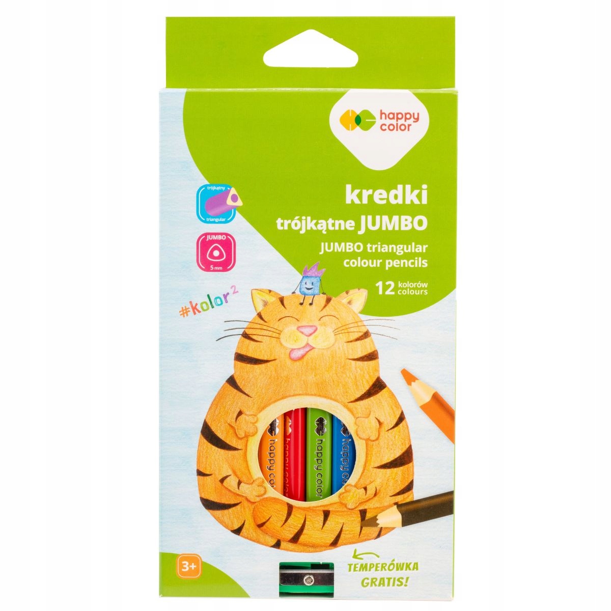 Kredki drewniane, szkolne Jumbo, trójkątne, 12 kol. + temperówka, Happy Color (2323 15KK K12)