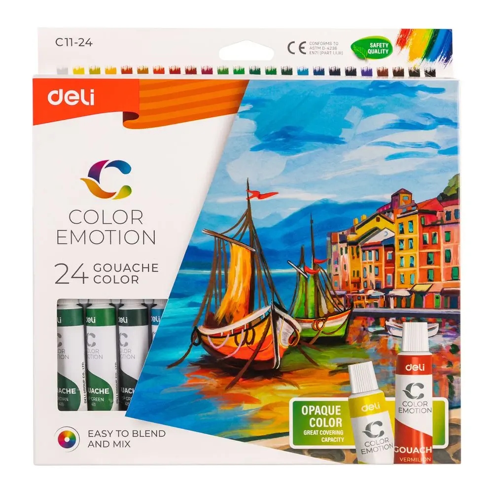 Farby gwasze gouache 24 kolory x 12 ml tuba, Deli (6110)