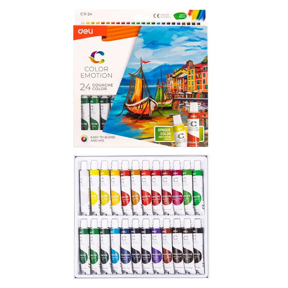 Farby gwasze gouache 24 kolory x 12 ml tuba, Deli (6110)