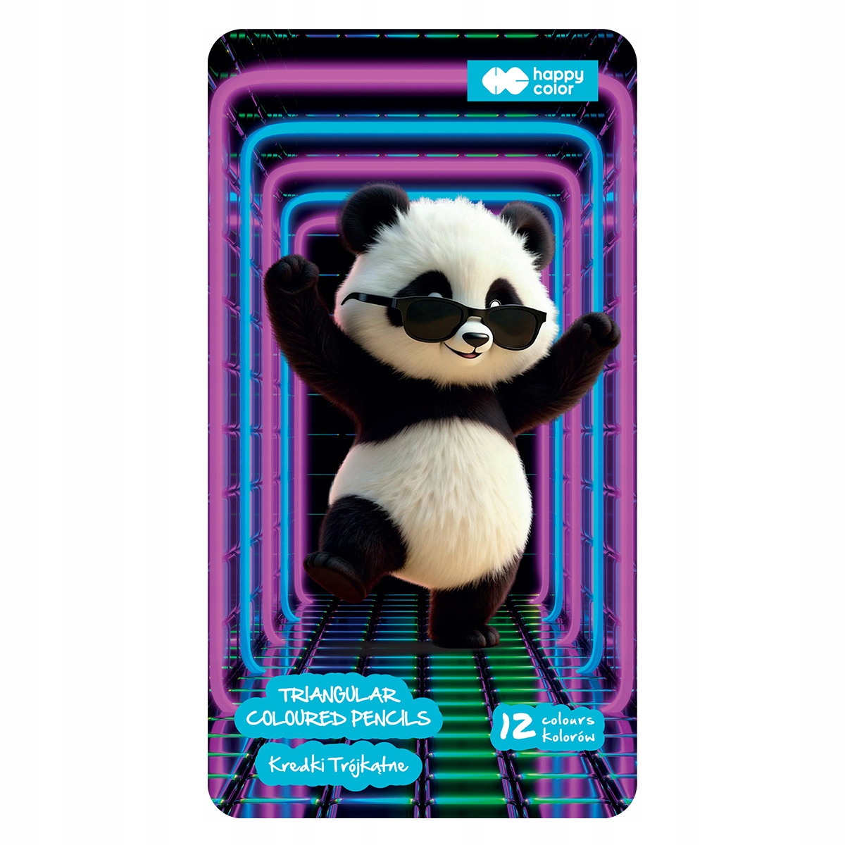 Kredki drewniane, trójkątne, Panda, 12 kol, metal box, Happy Color (2313 13MP M12)