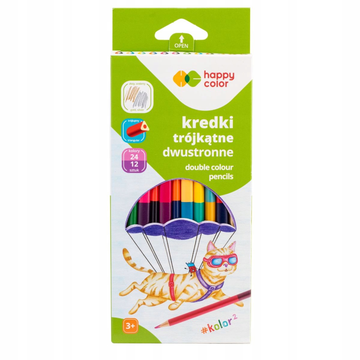Kredki drewniane, podwójne, trójkątne, 12szt, 24 kol, Happy Color (2313 23KK K12)